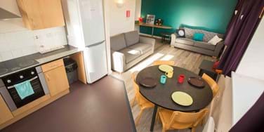 Living area and kitchen in student halls