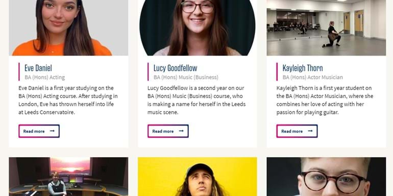 Block of 6 student profiles on the website